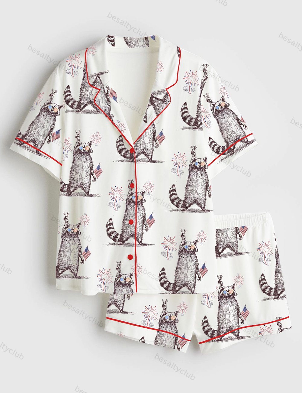 Feral But Free Fireworks Summer Raccoon 4th Of July Print Short Sleeve Satin Pajama Set