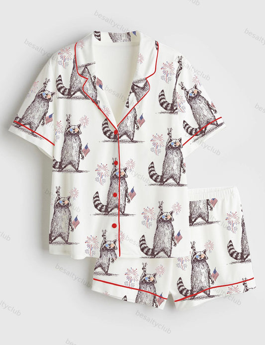 Feral But Free Fireworks Summer Raccoon 4th Of July Print Short Sleeve Satin Pajama Set