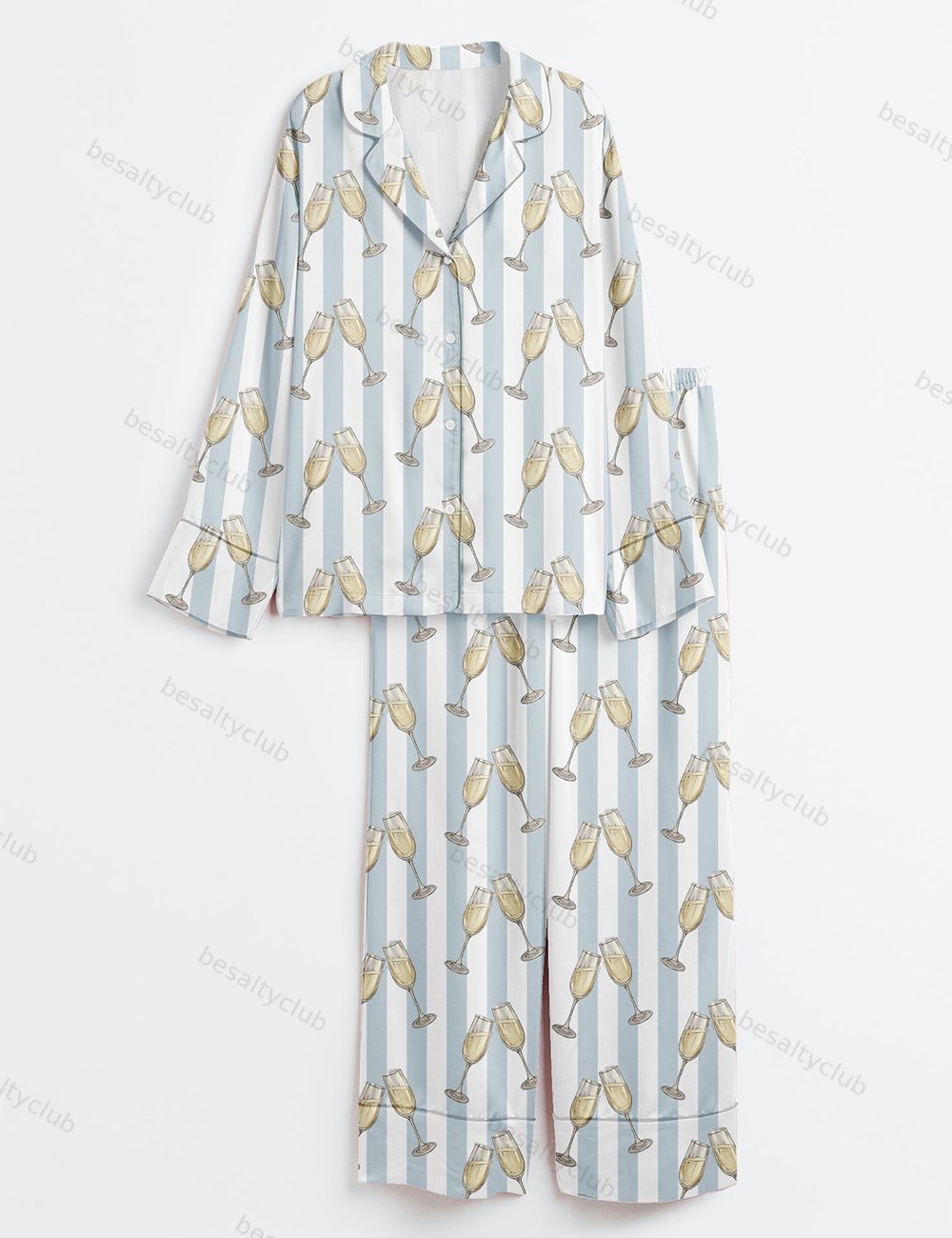 Blue Stripes Champagne Wine Lover Bachelorette Party Celebration Print Long Sleeve Satin Pajama Set