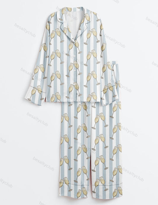 Blue Stripes Champagne Wine Lover Bachelorette Party Celebration Print Long Sleeve Satin Pajama Set