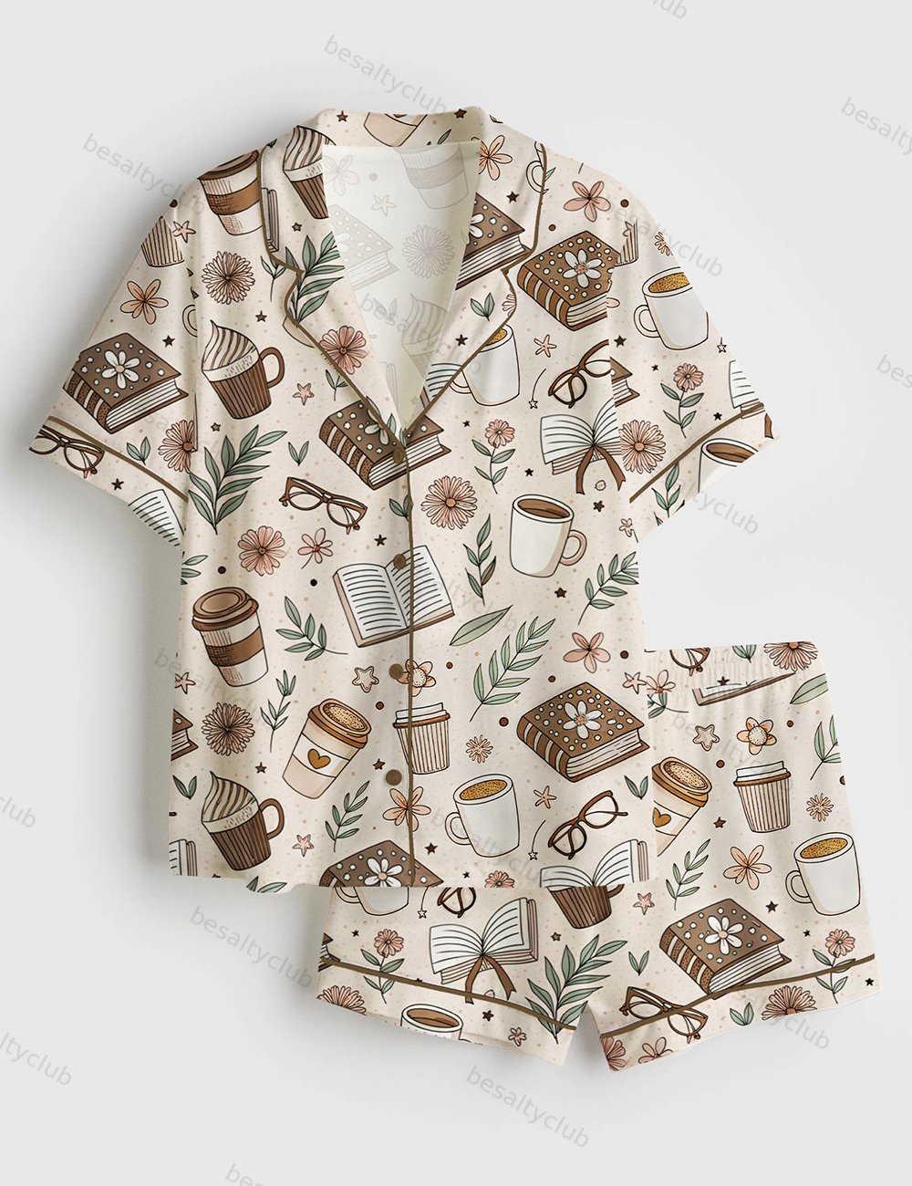 Beige Coffee And Books Reading Lover Girly Bookish Print Short Sleeve Satin Pajama Set