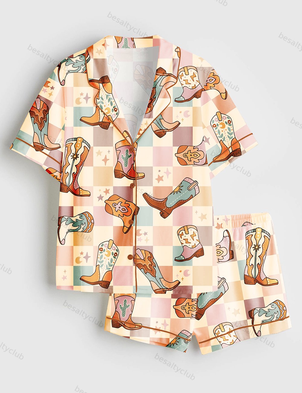 Colorful Plaid Western Cowboy Boot Short Sleeve Satin Pajama Set