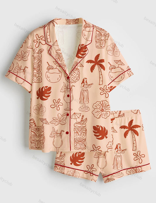 Hand Drawn Tiki And Tropical Drinks Luau Party Print Short Sleeve Satin Pajama Set