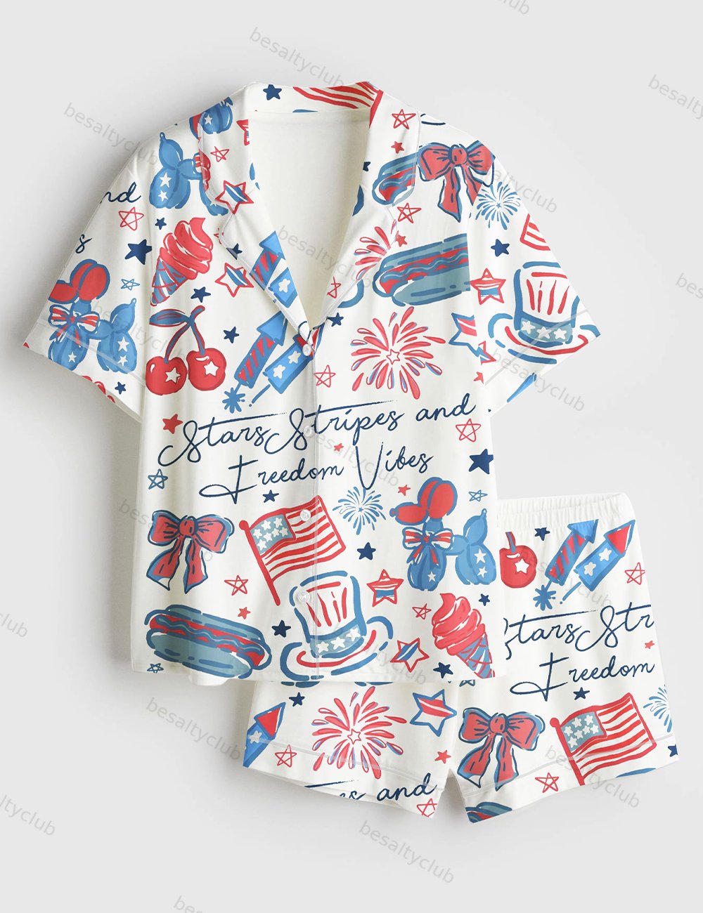 America Stars Stipes And Freedom Vibes 4th Of July Girly Coquette America Print Short Sleeve Satin Pajama Set
