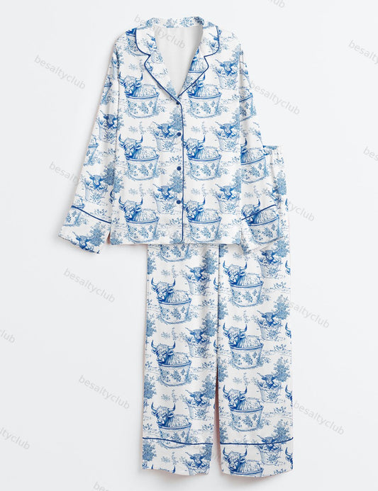 Highland Cows In Buckets Long Sleeve Satin Pajama Set