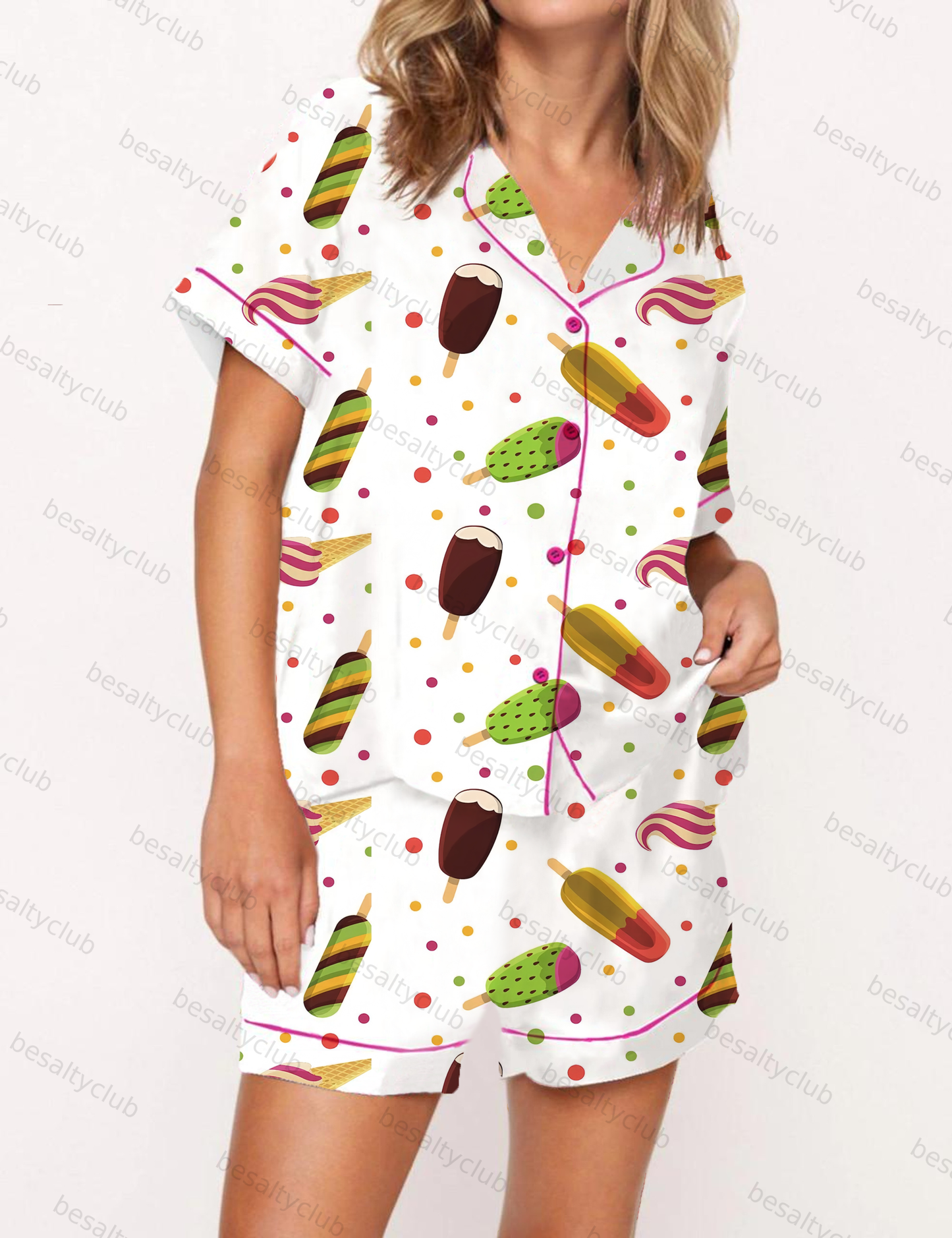 Colorful Ice - Cream Patterns Satin Pajama Short Set