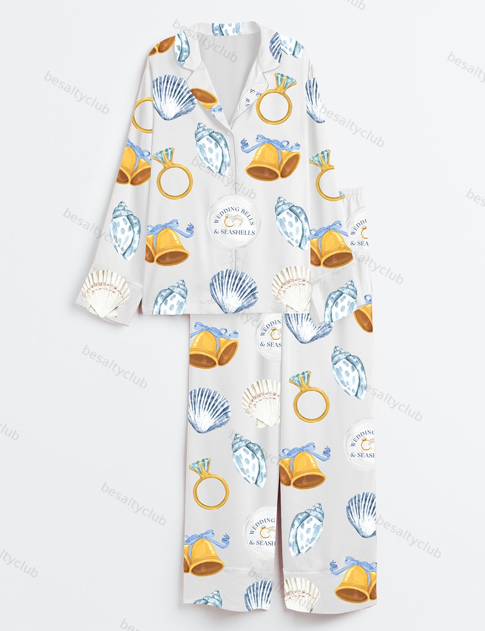 Wedding Bells & Seashells Coastal Blue Bachelorette Nautical Beach Wedding Print Long Sleeve Satin Pajama Set