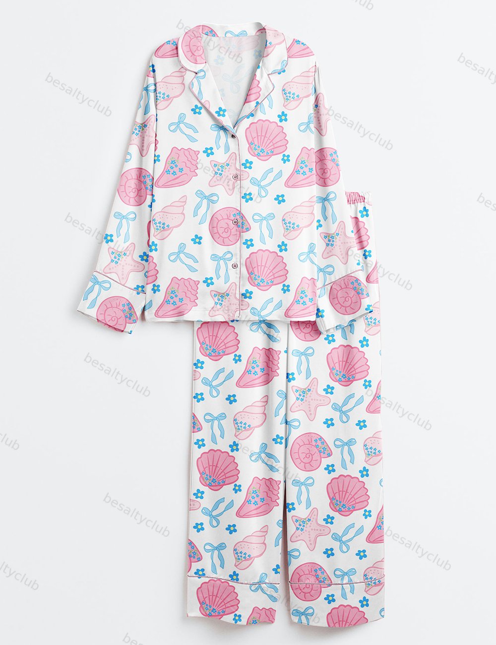 Pink Seashells Scallops Coquette Bow Pastel Coastal Beach Long Sleeve Satin Pajama Set