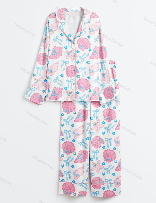 Pink Seashells Scallops Coquette Bow Pastel Coastal Beach Long Sleeve Satin Pajama Set