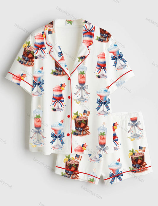 4th Of July Champagne Cocktail Patriotic Sparkler Cocktail Short Sleeve Satin Pajama Set