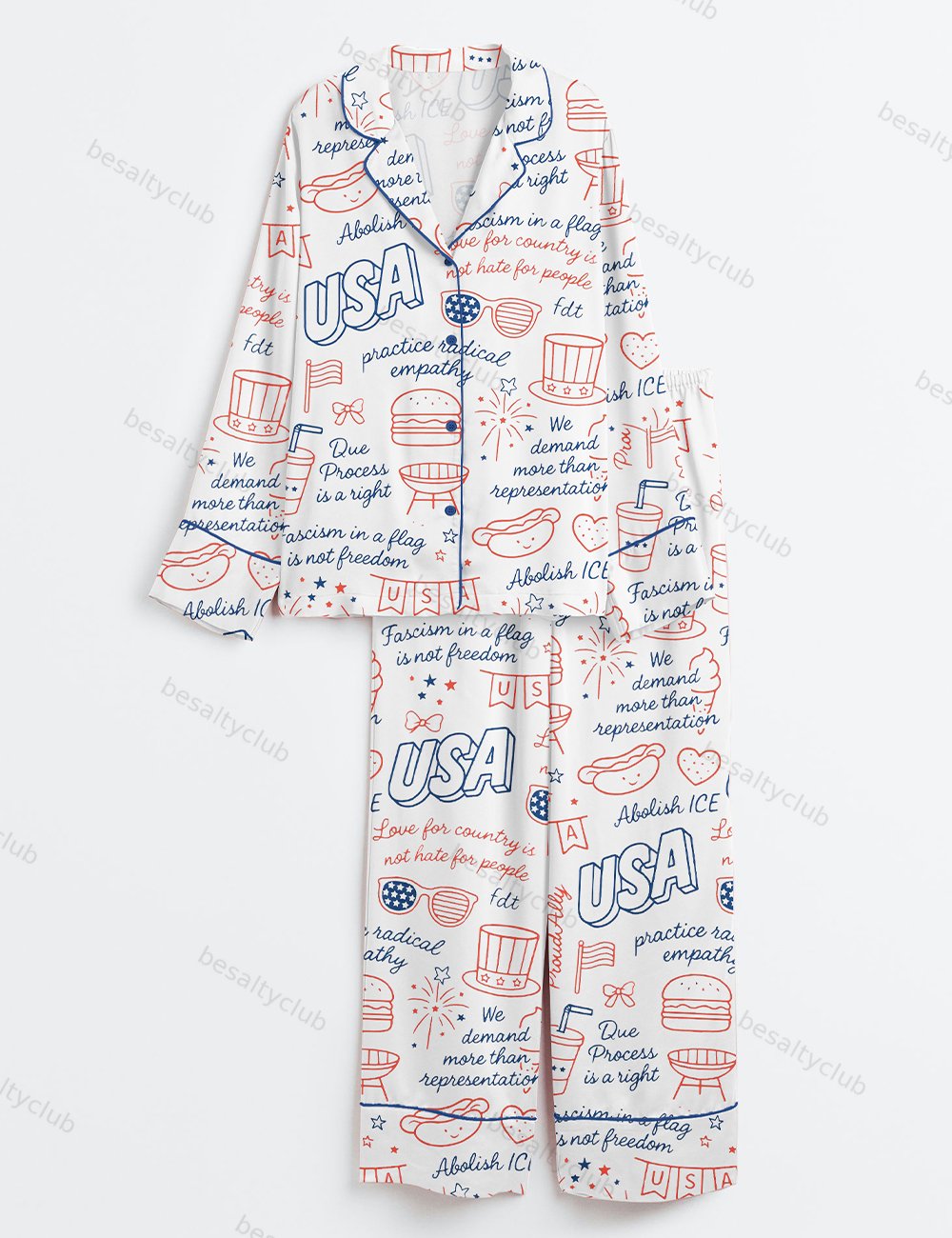 Liberal Fourth Of July Subtle Patriotic Playful FDT Print Long Sleeve Satin Pajama Set