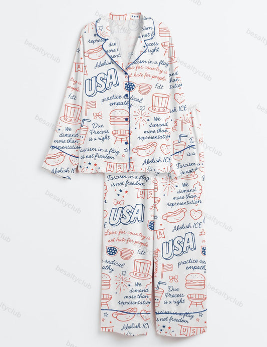Liberal Fourth Of July Subtle Patriotic Playful FDT Print Long Sleeve Satin Pajama Set