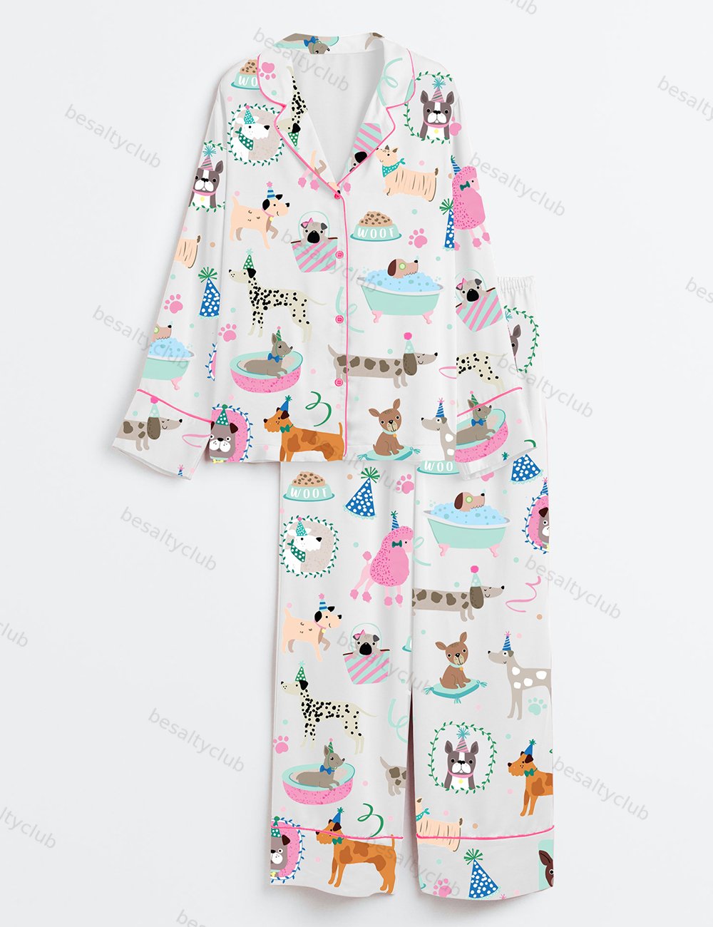 Pawty Pups Cute Dog Party Art Print Long Sleeve Satin Pajama Set