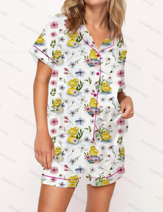 Yellow Chicks Pattern Satin Pajama Short Set