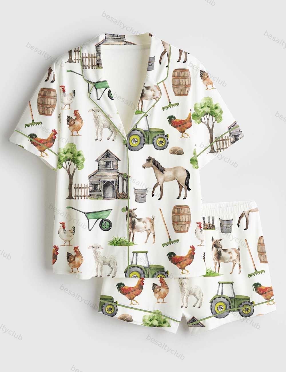 Watercolor Allover Goat Farm Short Sleeve Satin Pajama Set