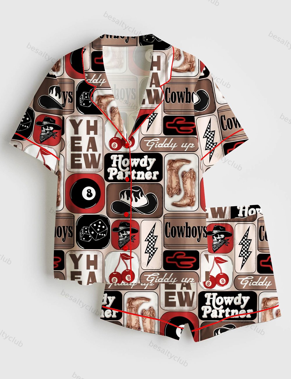 Yee Haw Howdy Partner Giddy Up Western Cowboy Collage Print Short Sleeve Satin Pajama Set