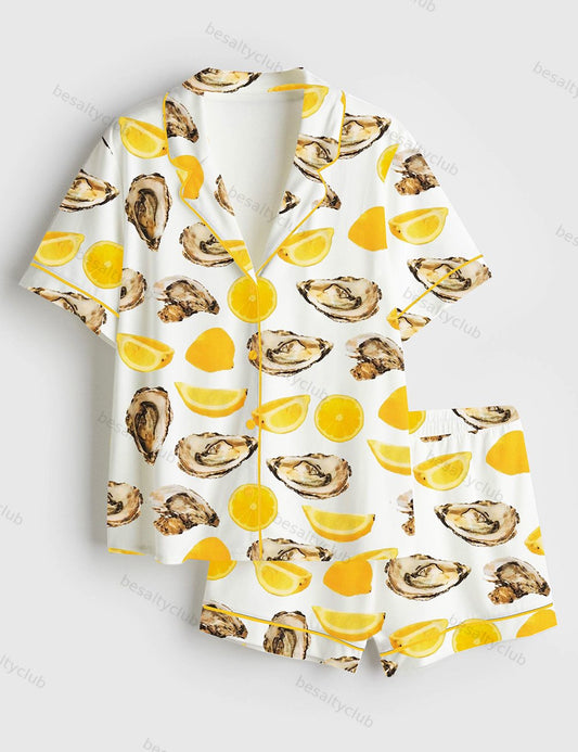 The World Is Your Oyster Fisherman Style Oyster Shells Orange Print Short Sleeve Satin Pajama Set