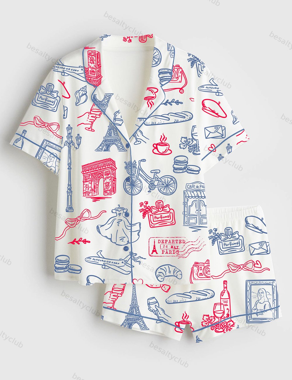 Paris Whimsical French Parisian Symbols Short Sleeve Satin Pajama Set