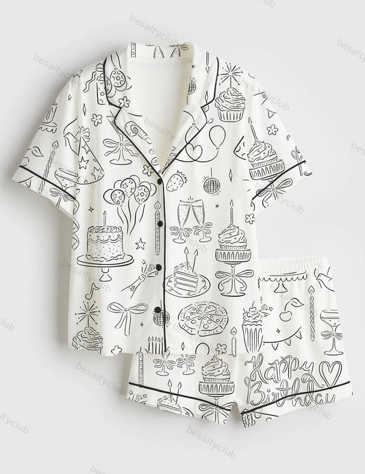 Whimsical Birthday Hand Drawn Birthday Illustrations Party Doodles Birthday Celebration Short Sleeve Satin Pajama Set