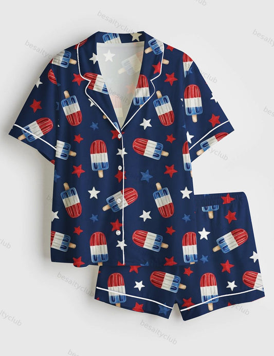 Fourth Of July Red White Blue USA Flag America Stars And Flags Patriotic 4th Of July Popsicles Short Sleeve Satin Pajama Set