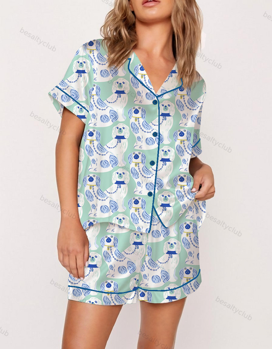 Blue Chinoserie Staffordshire Dogs Satin Pajama Set