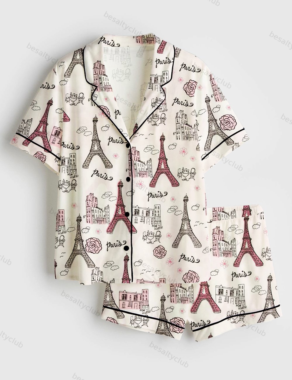 Girls Trip Paris Vacation Travel Short Sleeve Satin Pajama Set