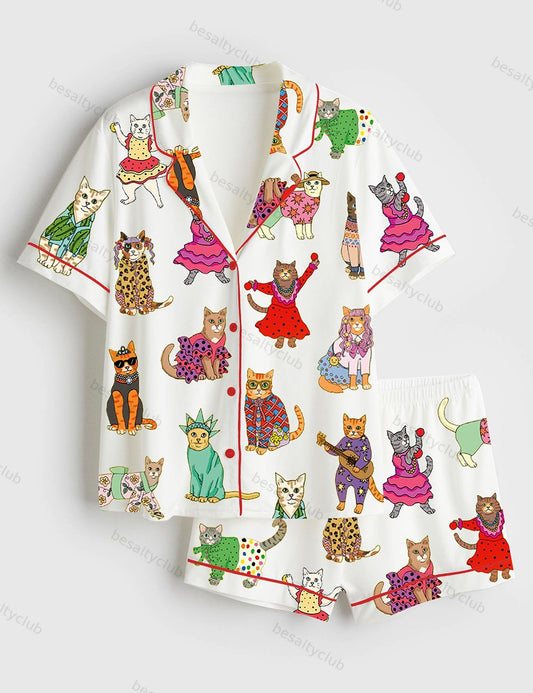 Catwalk Around The World Cat Lover Short Sleeve Satin Pajama Set