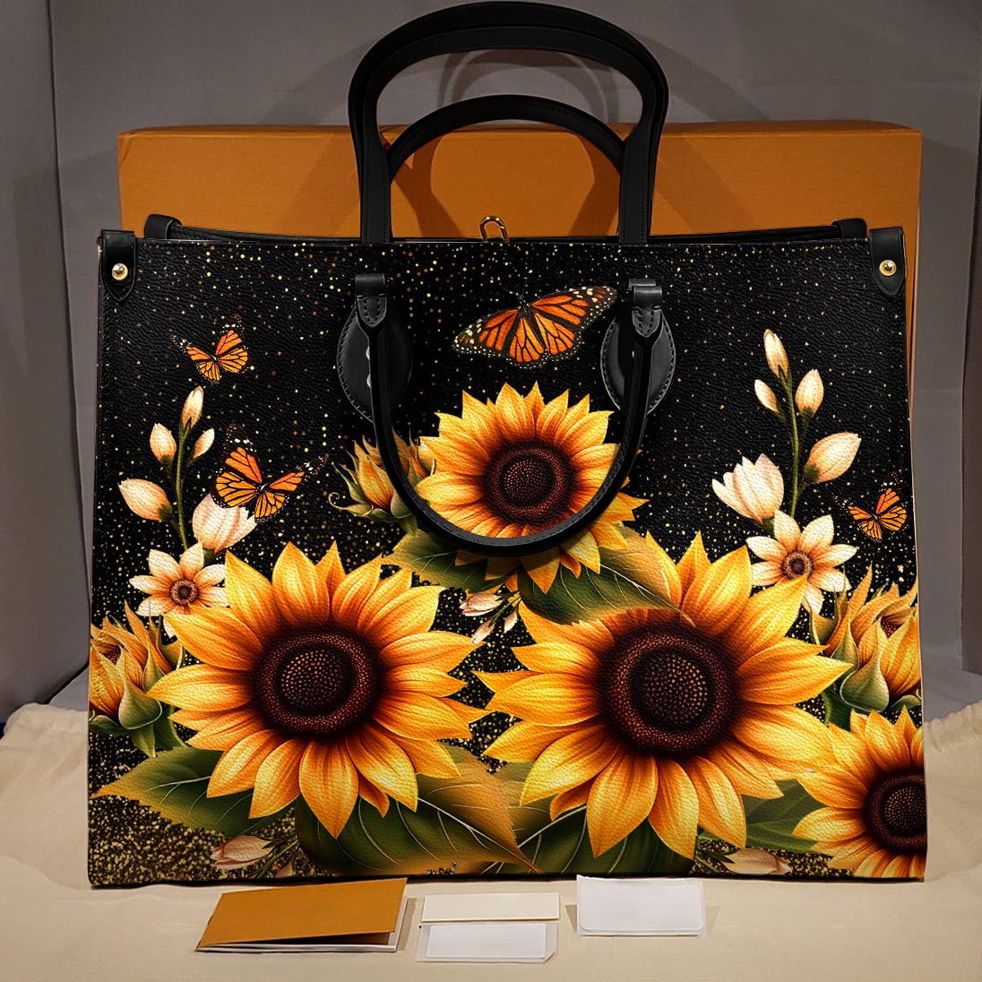 Leather Bag Golden Sunflower with Monarch Charm