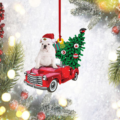 WHITE English Bulldog-Pine Truck Hanging Christmas Plastic Hanging Ornament, Ornament Decoration, Ornament Christmas - TeeZworldVN