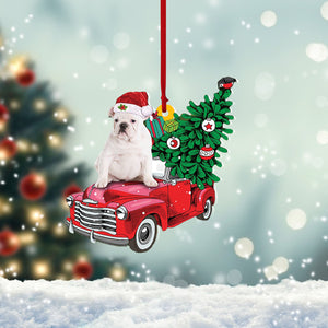 WHITE English Bulldog-Pine Truck Hanging Christmas Plastic Hanging Ornament, Ornament Decoration, Ornament Christmas - TeeZworldVN