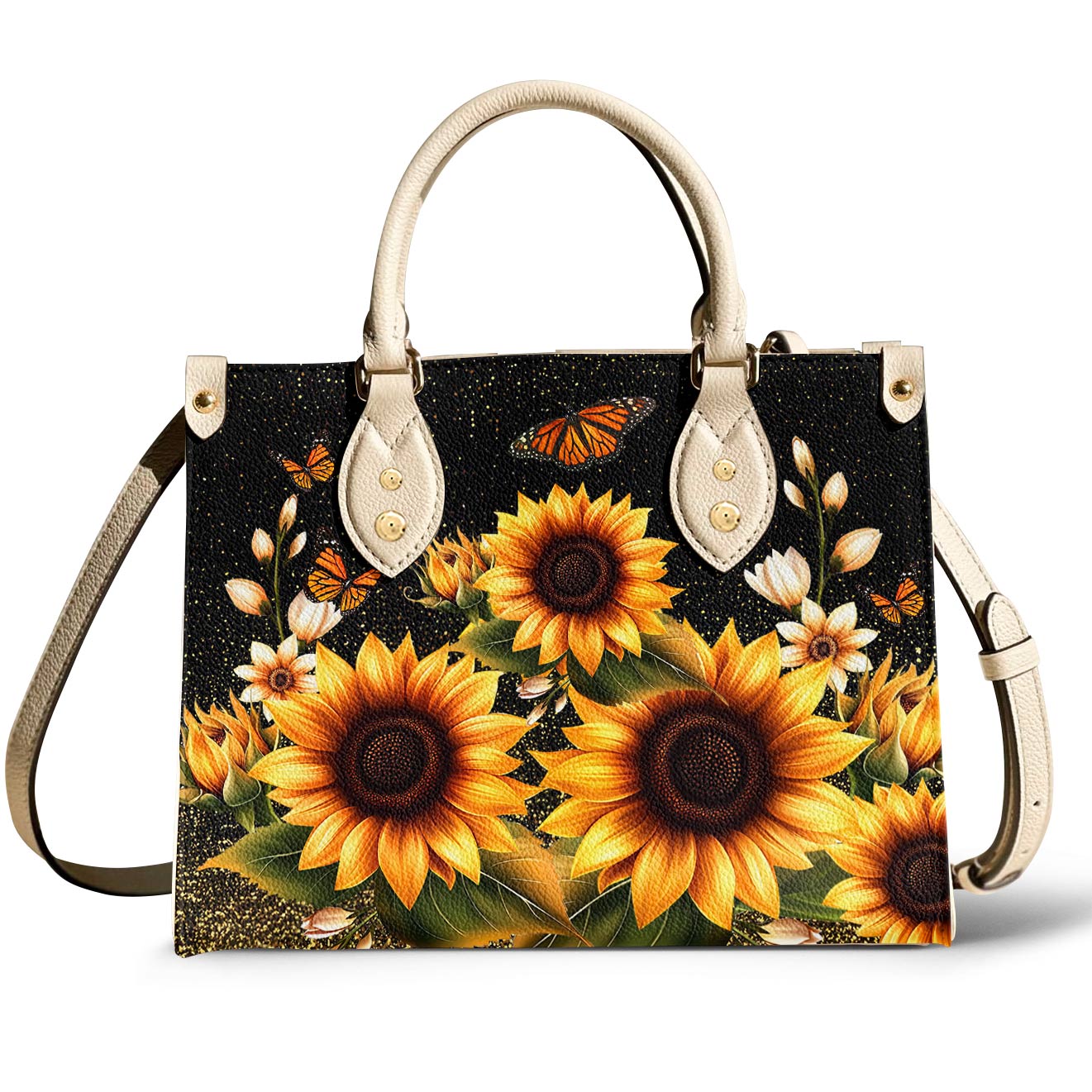 Leather Bag Golden Sunflower with Monarch Charm