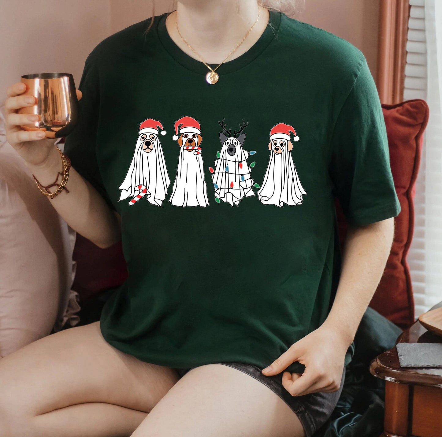 Taibhsí Madraí Le Geansaí Hata Daidí na Nollag, Geansaí Spooky na Nollag, T-léine Taibhsí Madra, Geansaí Nollag, Nollag don Bhronntanas