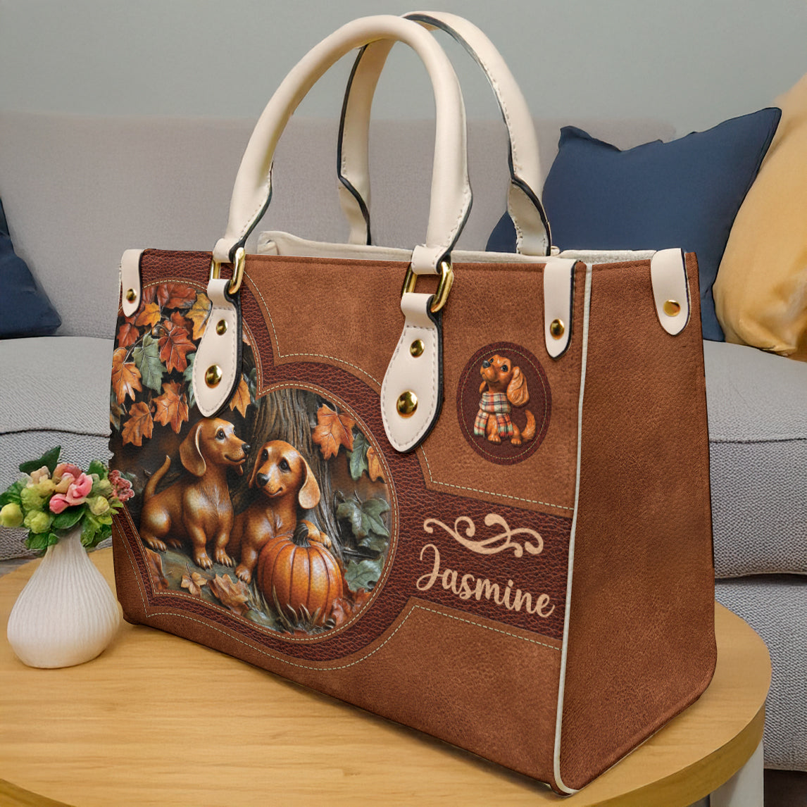Personalized Dachshund Leather Bag Fall In Love