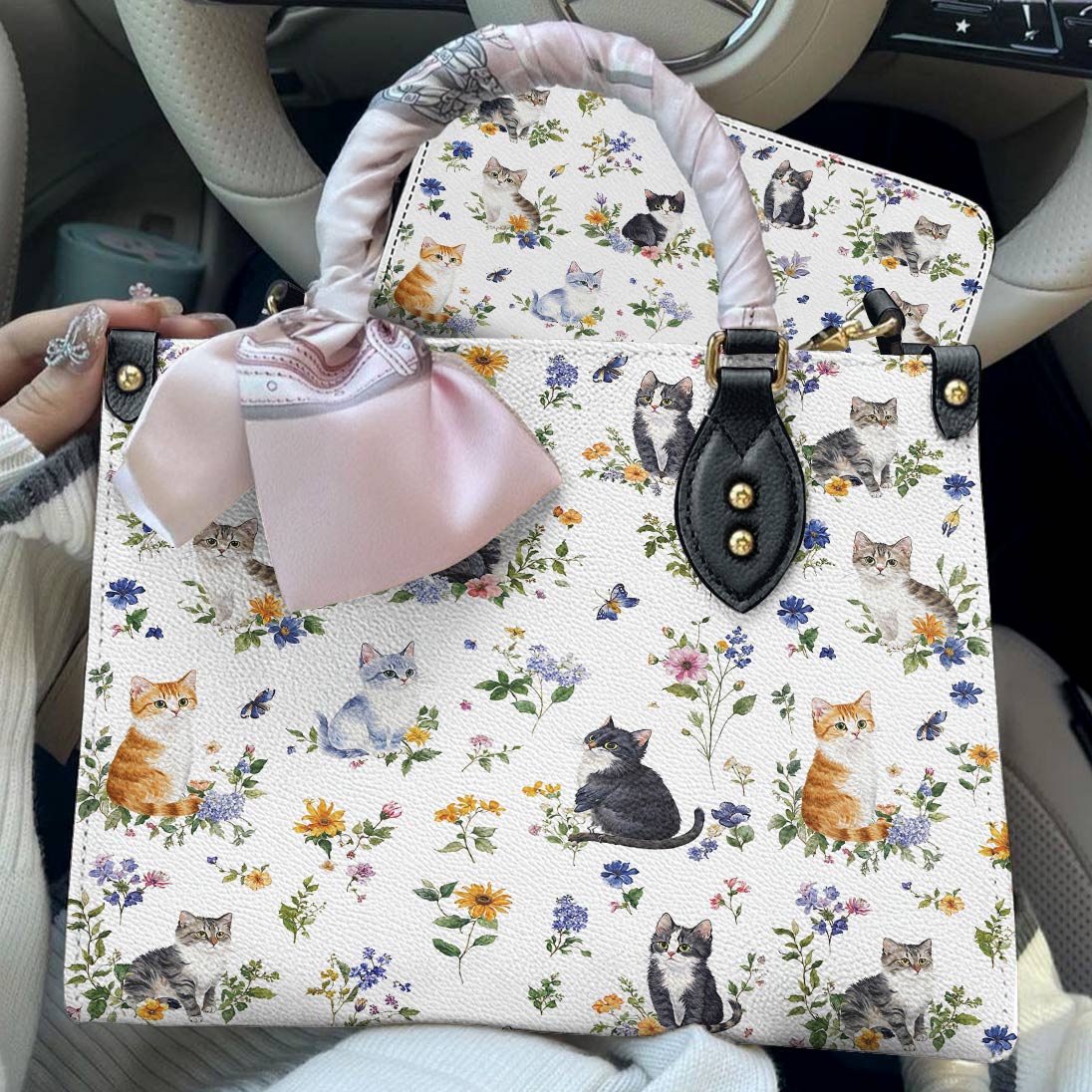Cat Leather Bag Sweet Floral Cats