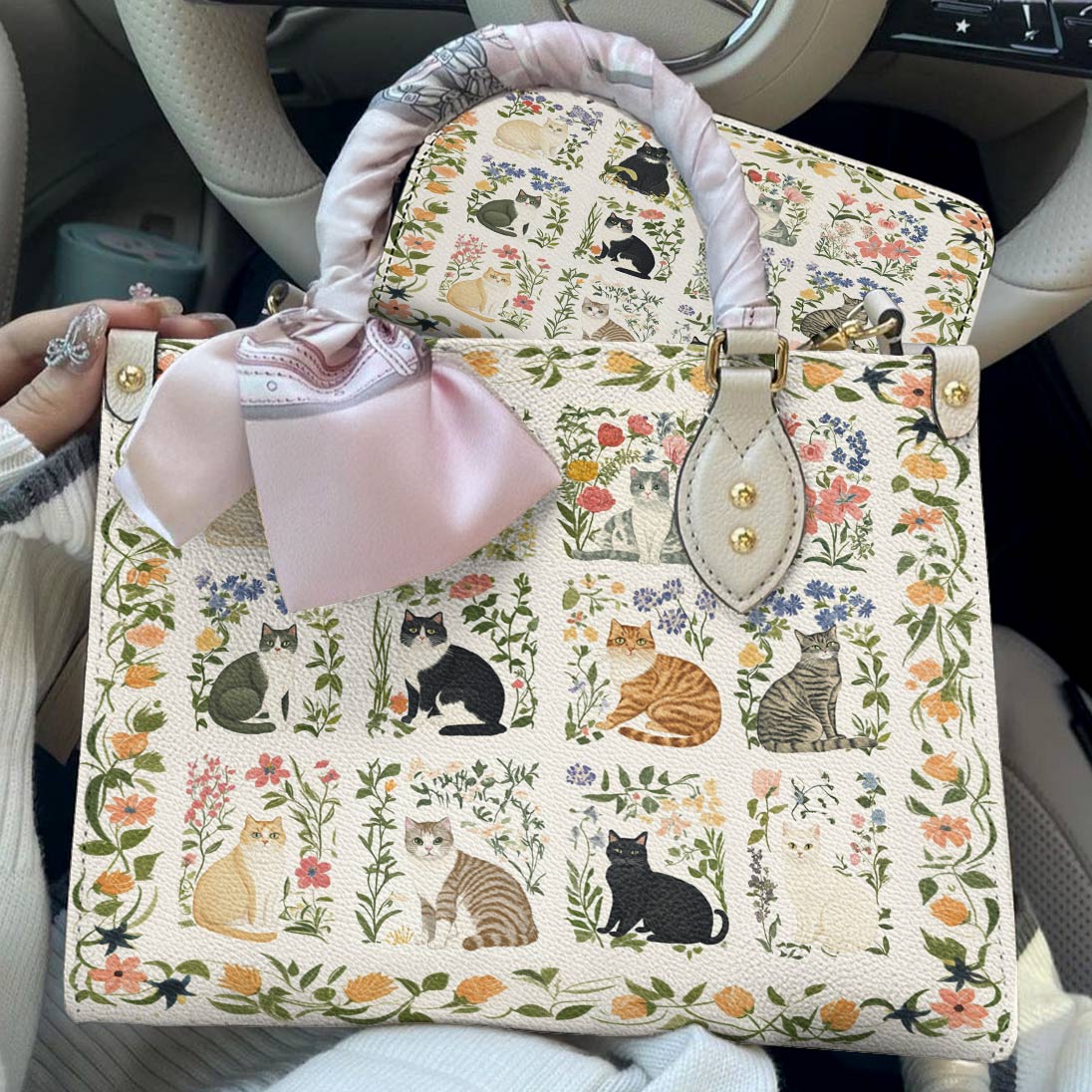 Leather Bag Elegent Floral Cats