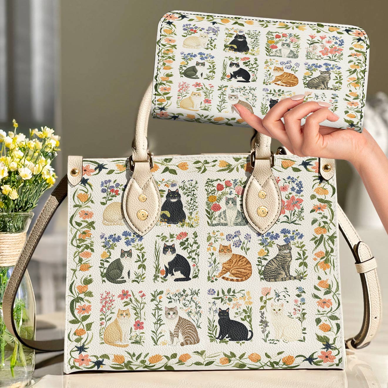 Leather Bag Elegent Floral Cats