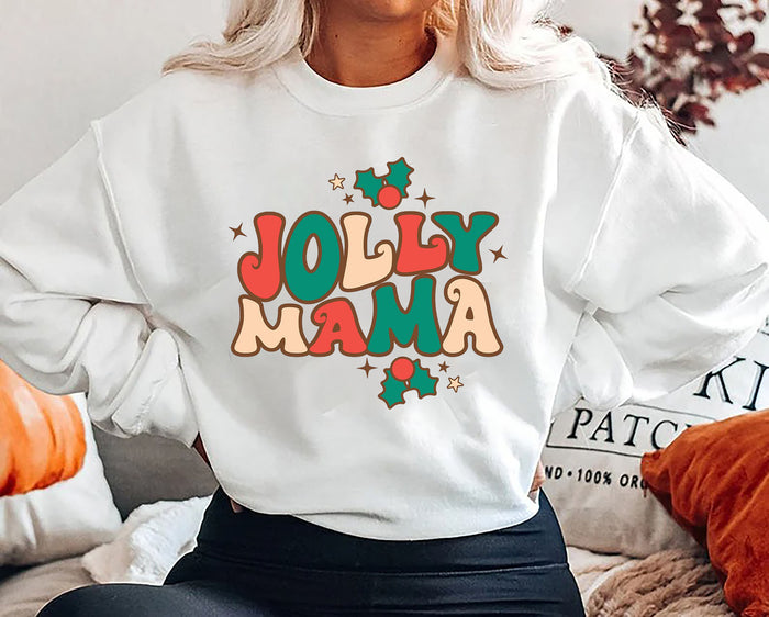 Christmas Sweatshirt, Jolly Mama Xmas Christmas Crewneck Pullover,Holiday Sweaters For Women,Cute Festive Outfit For Moms, Gift For New Mom
