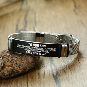To Our Son - You Are Loved More Engraved Mesh Bracelet
