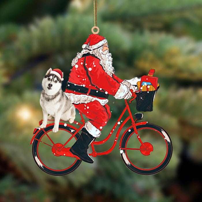 Santa Claus Riding A Bike With Siberian Husky (2)-Two Sided Ornament - Best gifts your whole family