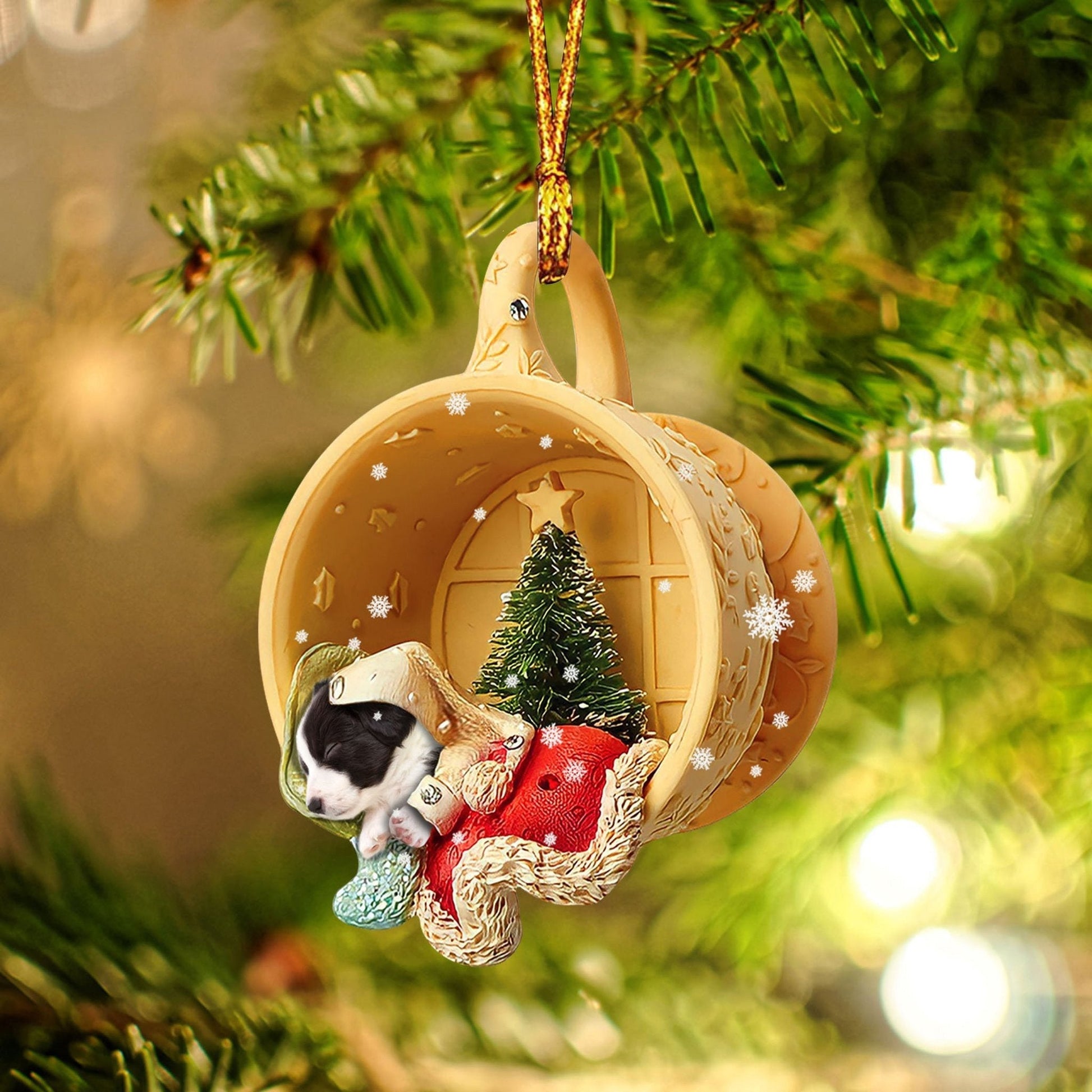 Godmerch Border Collie Sleeping In A Tiny Cup Christmas Holiday-Two Sided Ornament - Best gifts your whole family