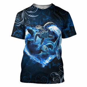 3D Blue Heart Sea Turtle Tshirt Hoodie Apparel