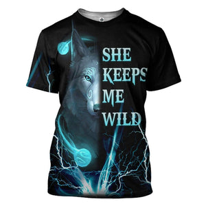 3D Wolf Blue She Keep Me Wild Custom Tshirt Hoodie Apparel