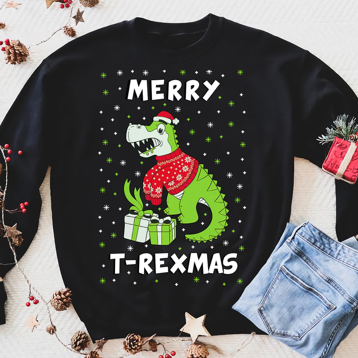 Merry T-rex Xmas - Ugly Christmas Dinosaur Funny Raptor Gift Sweatshirt Trex - Funny sweatshirt gifts christmas ugly sweater for men and women