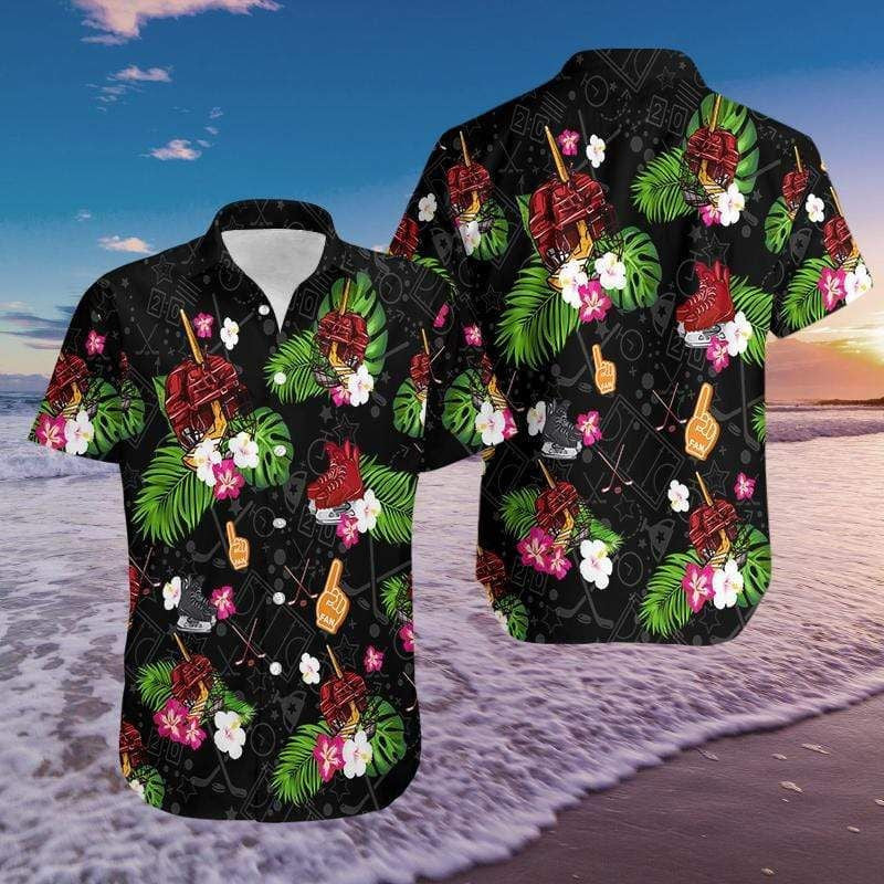 Ice Hockey Black Palm Leaves Design Hawaiian Shirt,Hawaiian Shirt Gift, Christmas Gift
