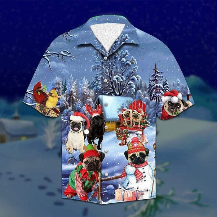 Design Hawaiian Shirt Pugs Through The Snow Christmas, Hawaiian Shirt Gift, Christmas Gift.