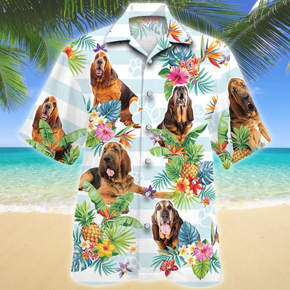 Blue Stripesd Bloodhound Dog Tropical Flower Hawaiian Shirt, Hawaiian Shirt Gift, Christmas Gift