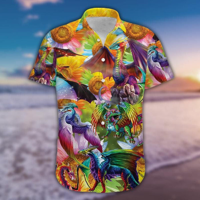 Colorful Hippie Dragon And Sunflower Hawaiian Shirt, Hawaiian For Gift