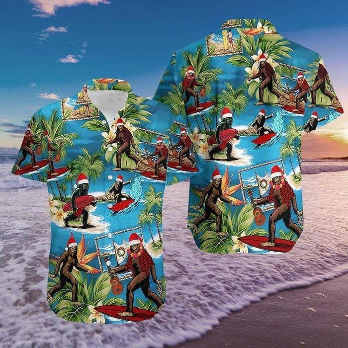 Dark Turquoise Christmas Santa Bigfoot Design Hawaiian Shirt, Hawaiian Shirt Gift, Christmas Gift