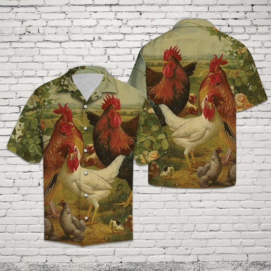 Vintage Style Chicken Farm Happy Animal Art Hawaiian Shirt, Hawaiian Shirt Gift, Christmas Gift