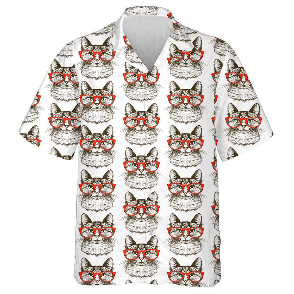 Hipster Cat And Red Glasses Hand Drawn Hawaiian Shirt, Hawaiian Shirt Gift, Christmas Gift